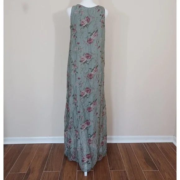 Cobblestone Living Sage Green Floral Tank Maxi Dress Rayon Silk Women US OS - Picture 4 of 8